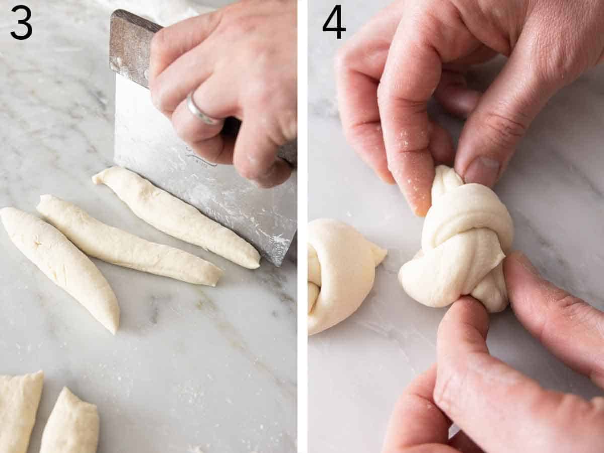 Set of two photos showing dough cut and tied into knots.