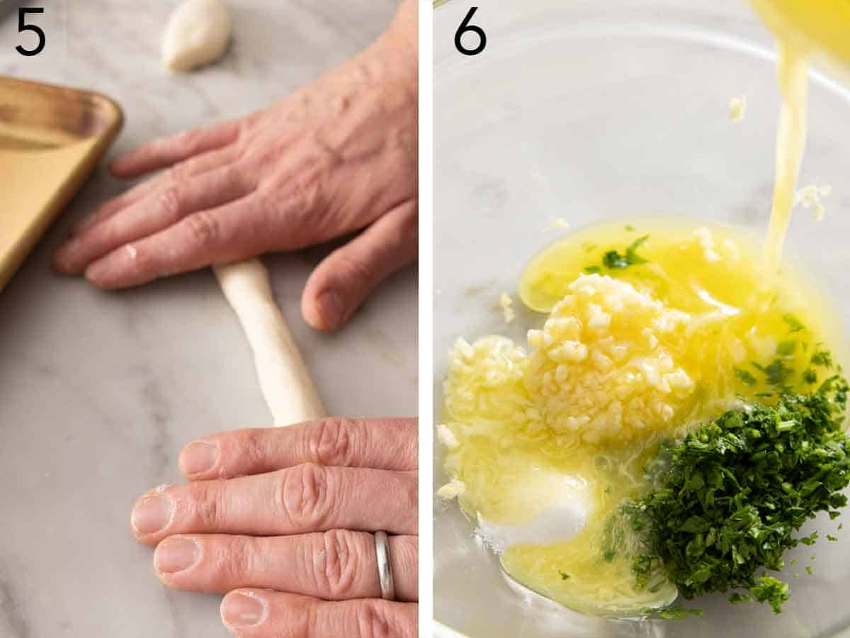 Set of two photos showing dough rolled and garlic butter made.