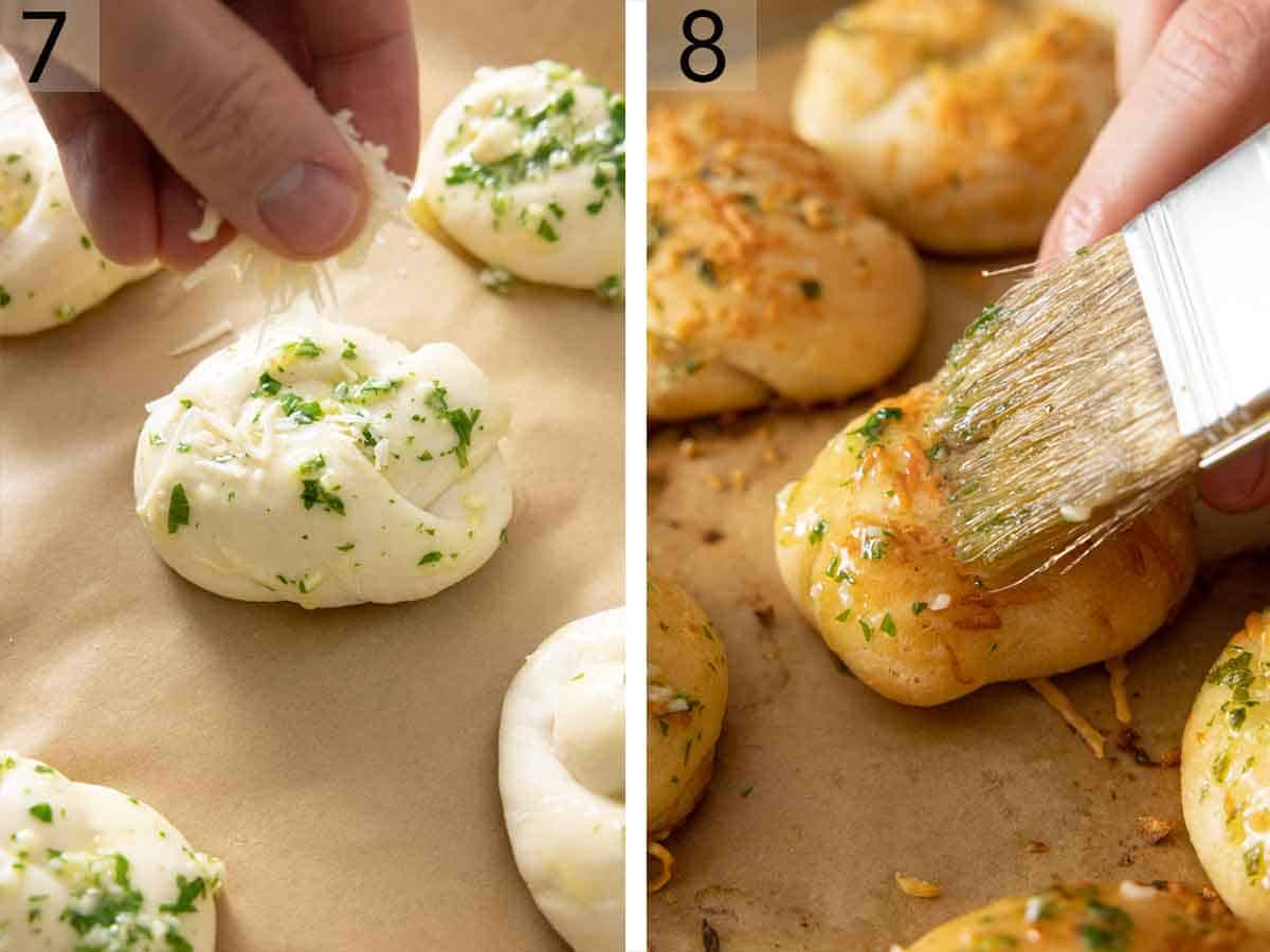 Set of two photos showing cheese sprinkled on top and brushed with garlic butter.