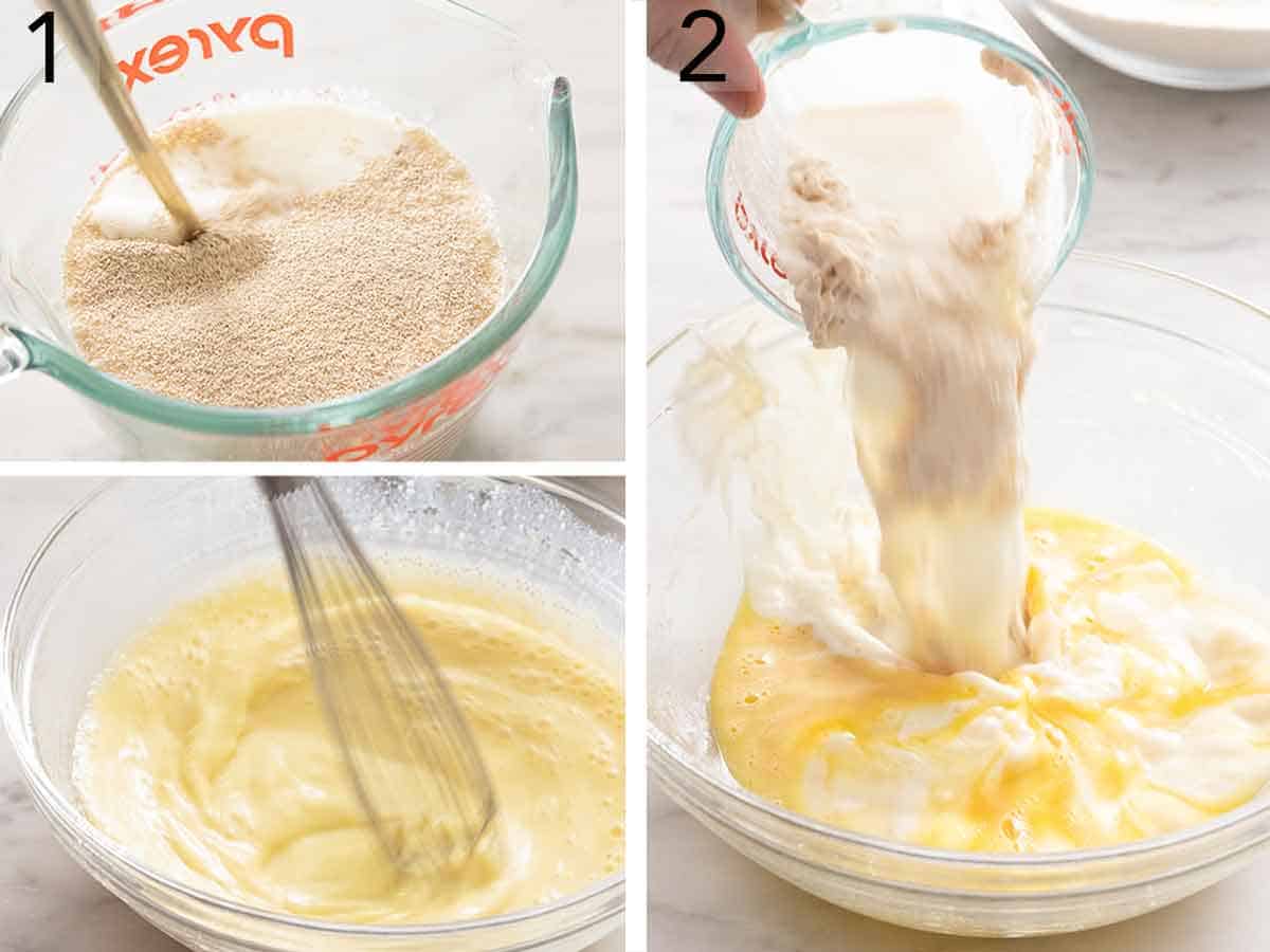 Set of three photos showing yeast mixed with milk, then wet and dry ingredients mixed.