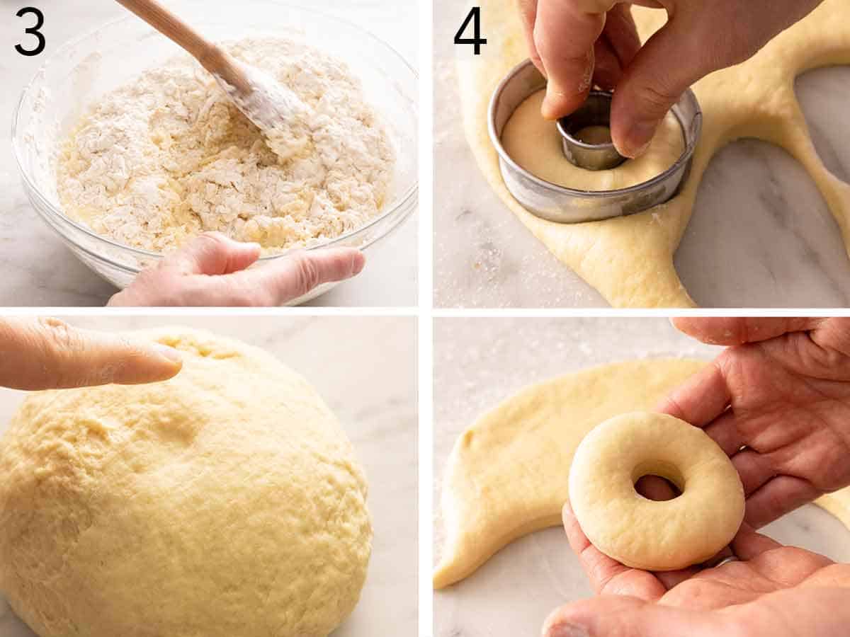 Set of four photos showing dough being made and cut with a donut cutter.