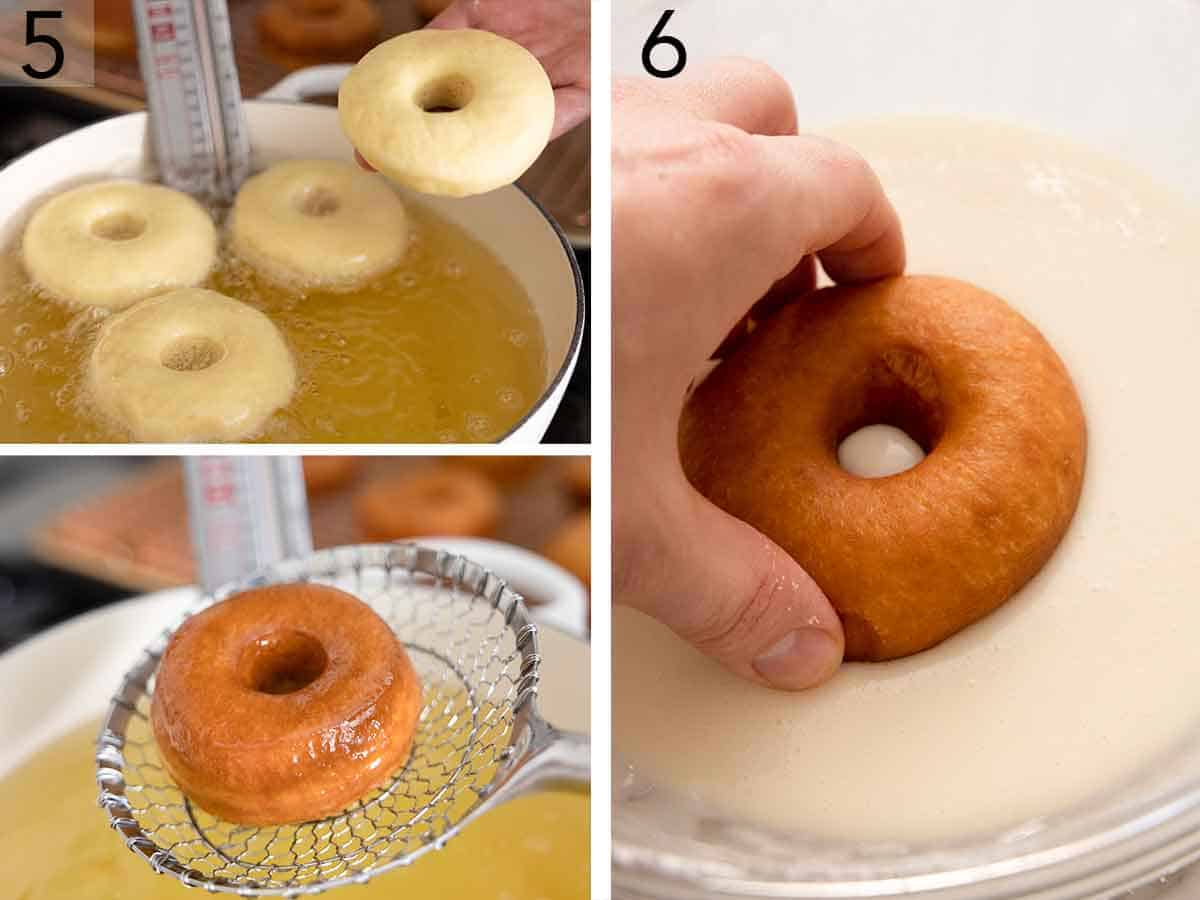 Set of three photos showing donuts fried in oil and dipped in glaze.