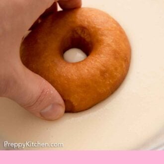 Pinterest graphic of a donut being dipped in a bowl of glaze.