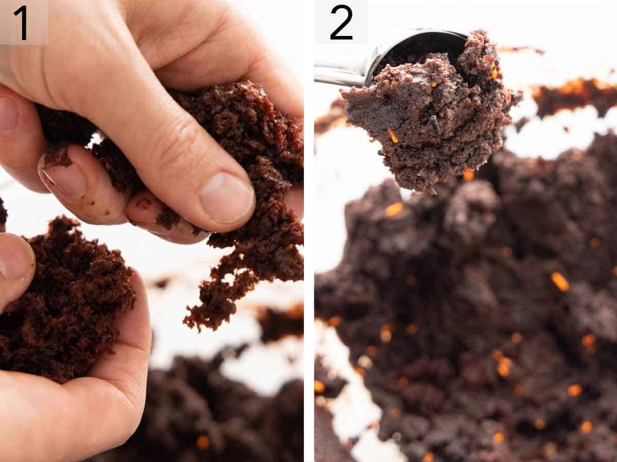 Set of two photos showing cake crumbled and scooped into balls.