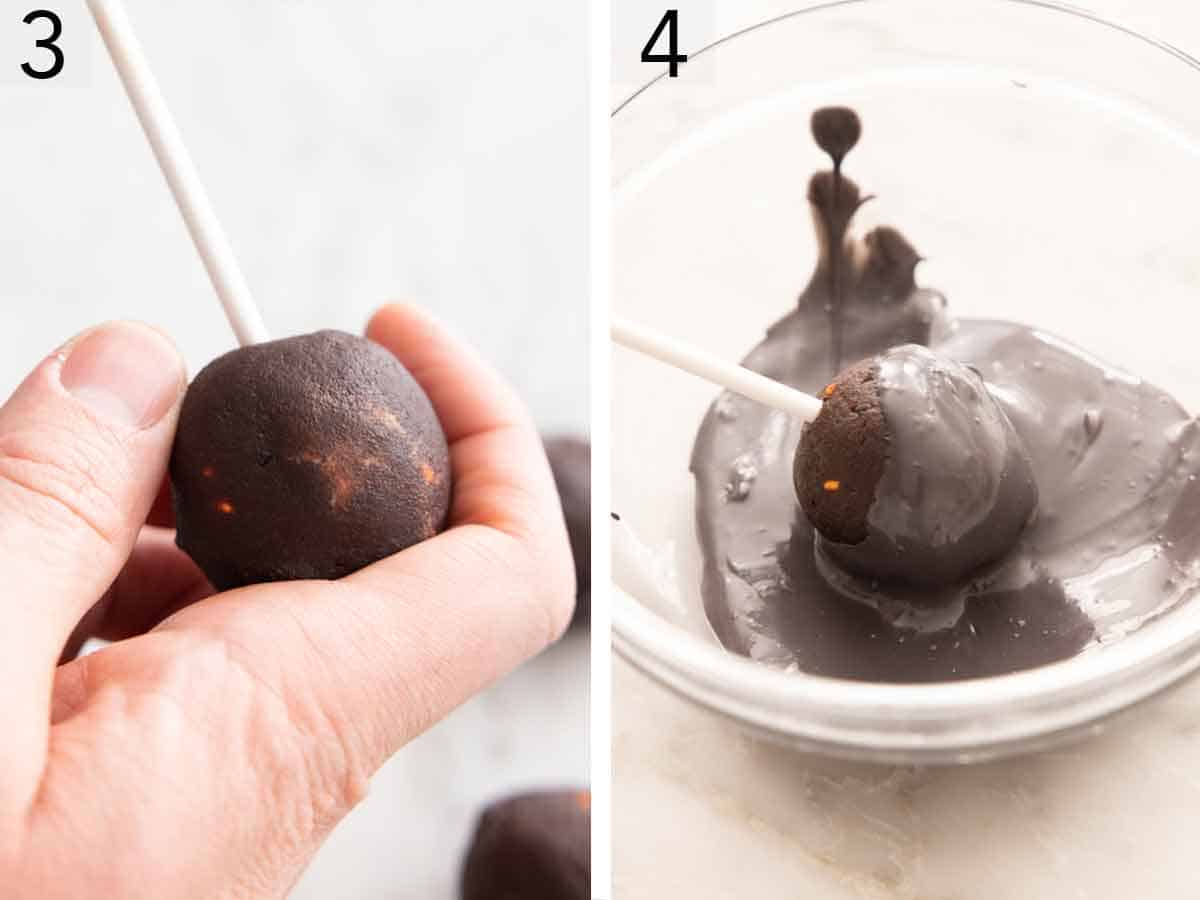 Set of two photos showing a lollipop stick inserted into a cake ball then dipped in melted candy.