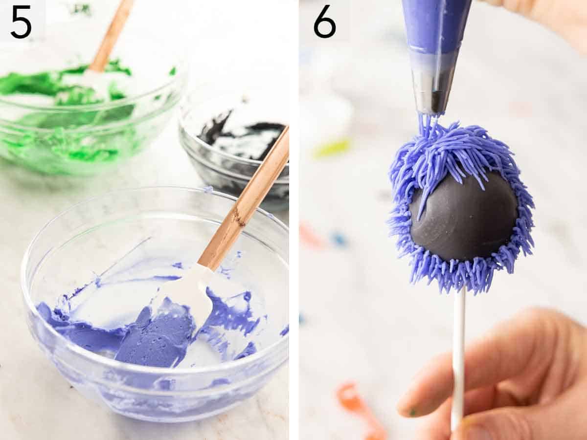 Set of two photos showing frosted mixed with food coloring then piped onto the balls.