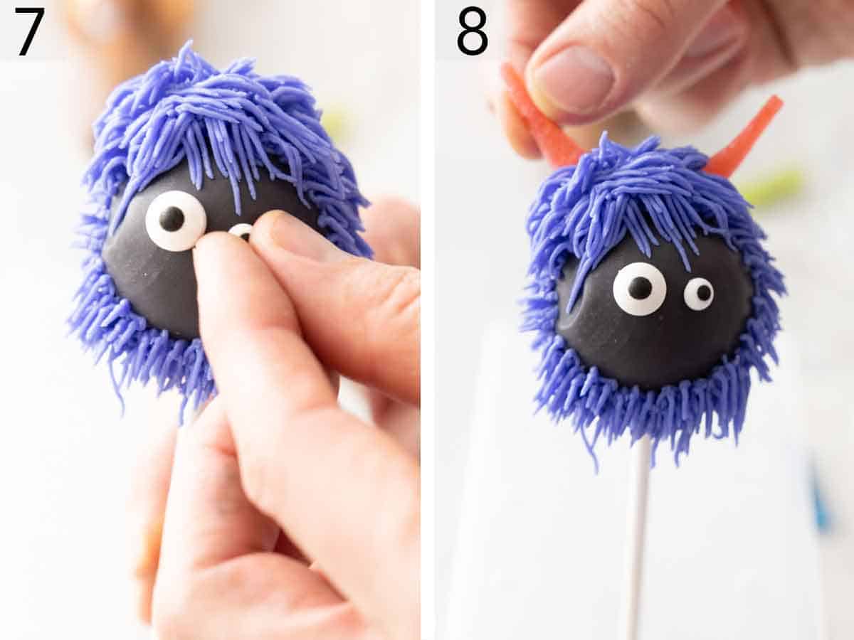 Set of two photos showing candy eyes and ears added to the cake pops.