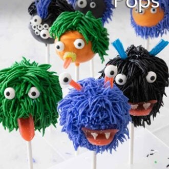 Pinterest graphic of multiple Halloween cake pops decorated like monsters.