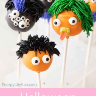 Pinterest graphic of Halloween cake pops that are decorated with candy to look like monster faces.