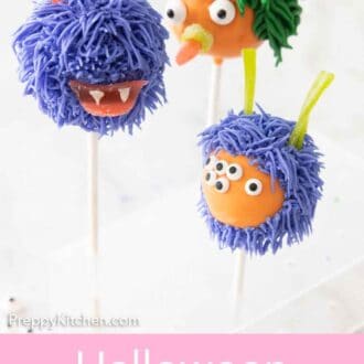 Pinterest graphic of three colorful Halloween cake pops with monster faces.