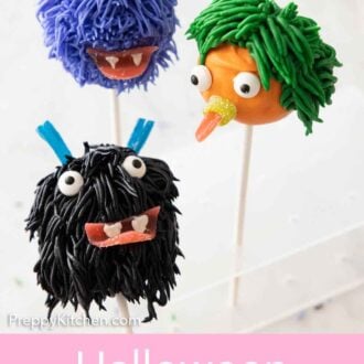 Pinterest graphic of three fun looking Halloween cake pops with monster faces.