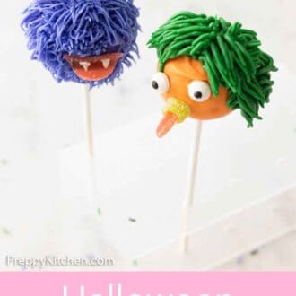 Pinterest graphic of two Halloween cake pops decorated like monster faces.