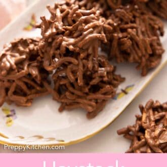 Pinterest graphic of an oval platter of haystack cookies.
