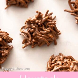 Pinterest graphic of haystack cookies laid out on a counter.