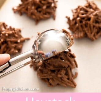 Pinterest graphic of a haystack cookie being scooped onto a sheet pan.