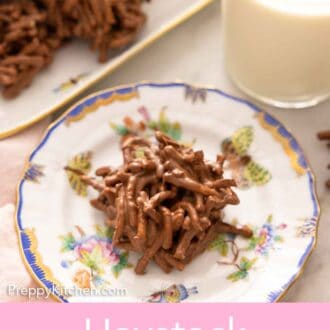 Pinterest graphic of a plate of haystack cookie in front of a glass of milk.