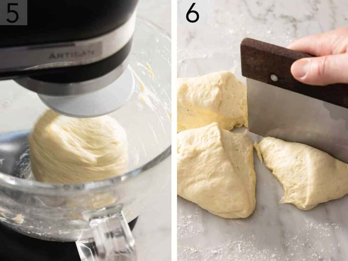 Set of two photo showing dough being kneaded in the mixer then risen dough divided into pieces.