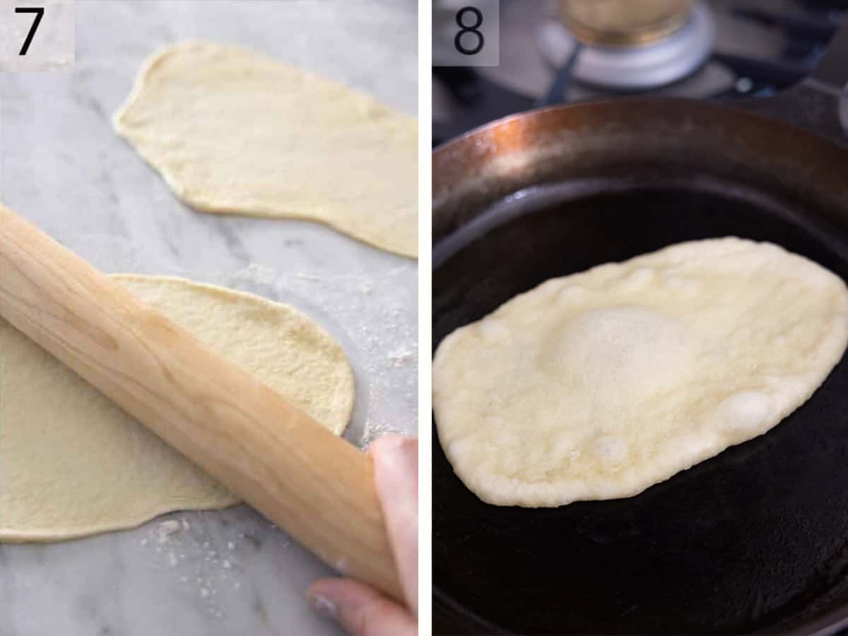 Set of two photos showing dough rolled out then cooking on a pan.