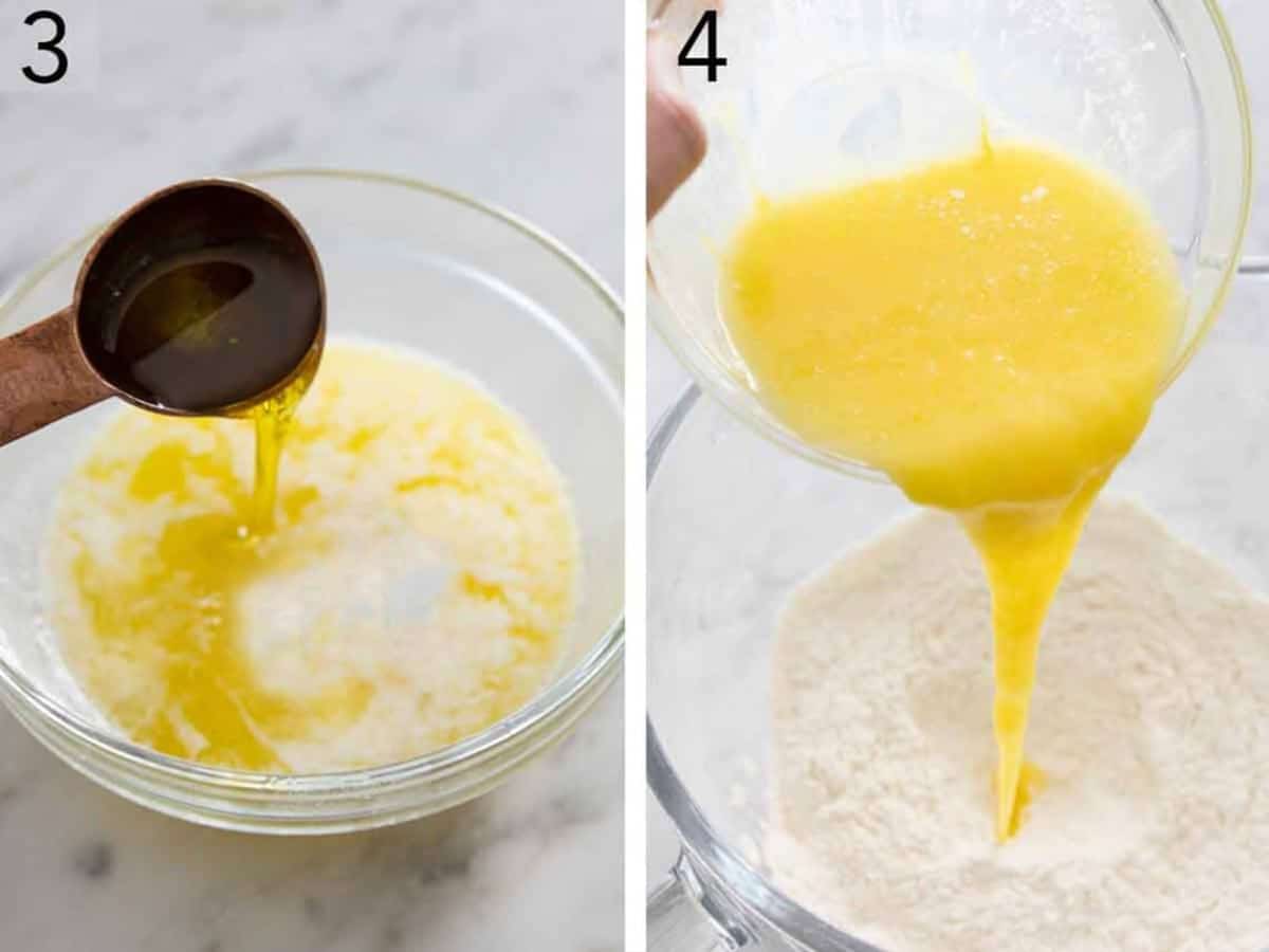 Set of two photos showing wet ingredients combined then added to the dry.