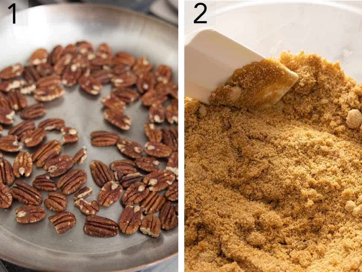 Set of two photos showing pecans toasted and graham cracker crumbs combined with sugar, butter and sallt.