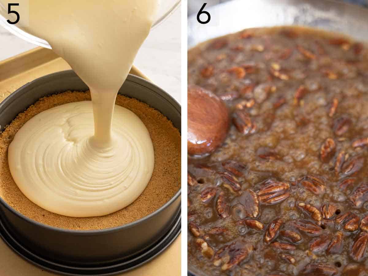 Set of two photos showing cream cheese filling poured into the crust and pecans mixture simmering.