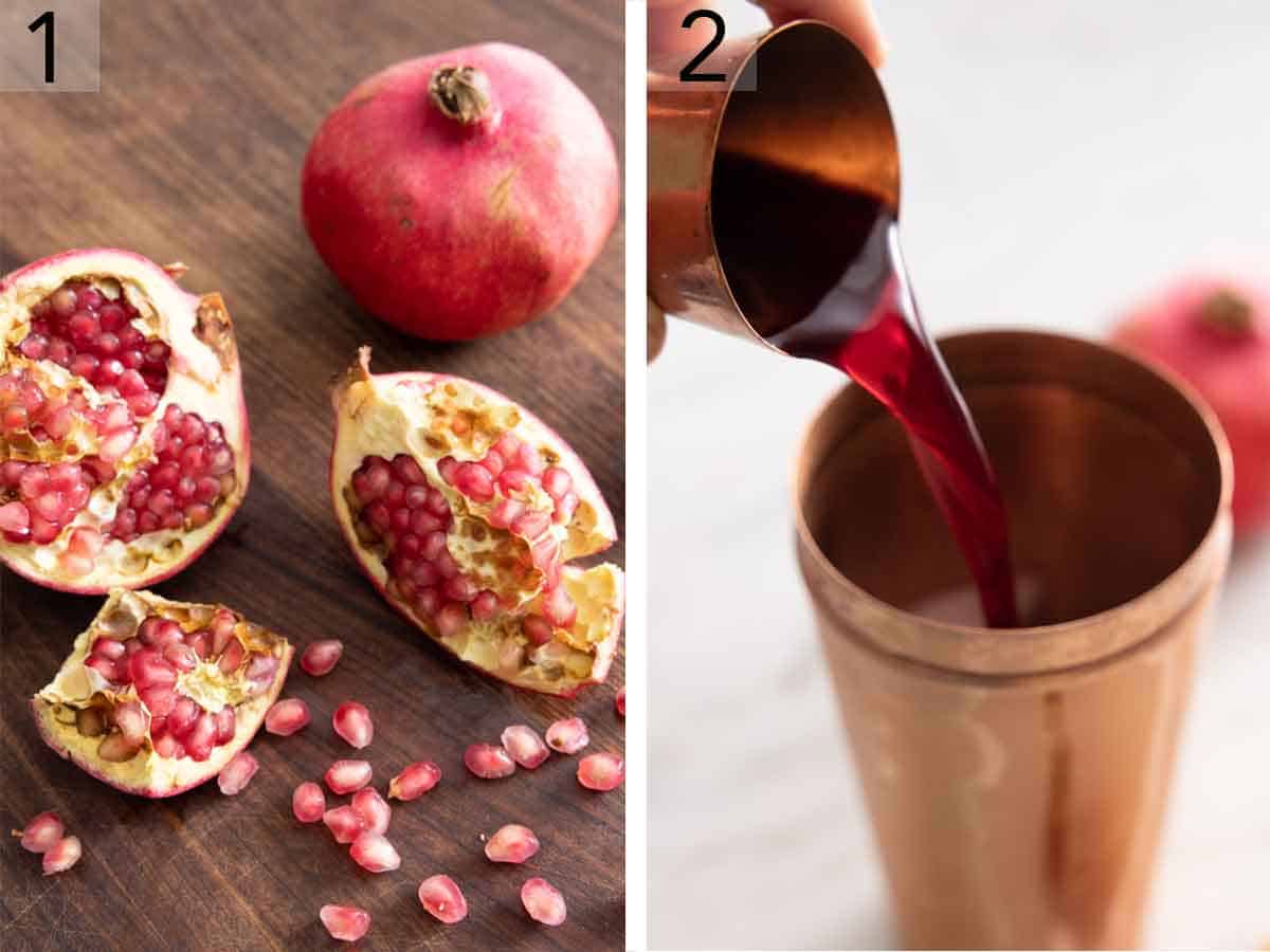 Set of two photos showing fresh pomegranate cut opened and juice added to a shaker.