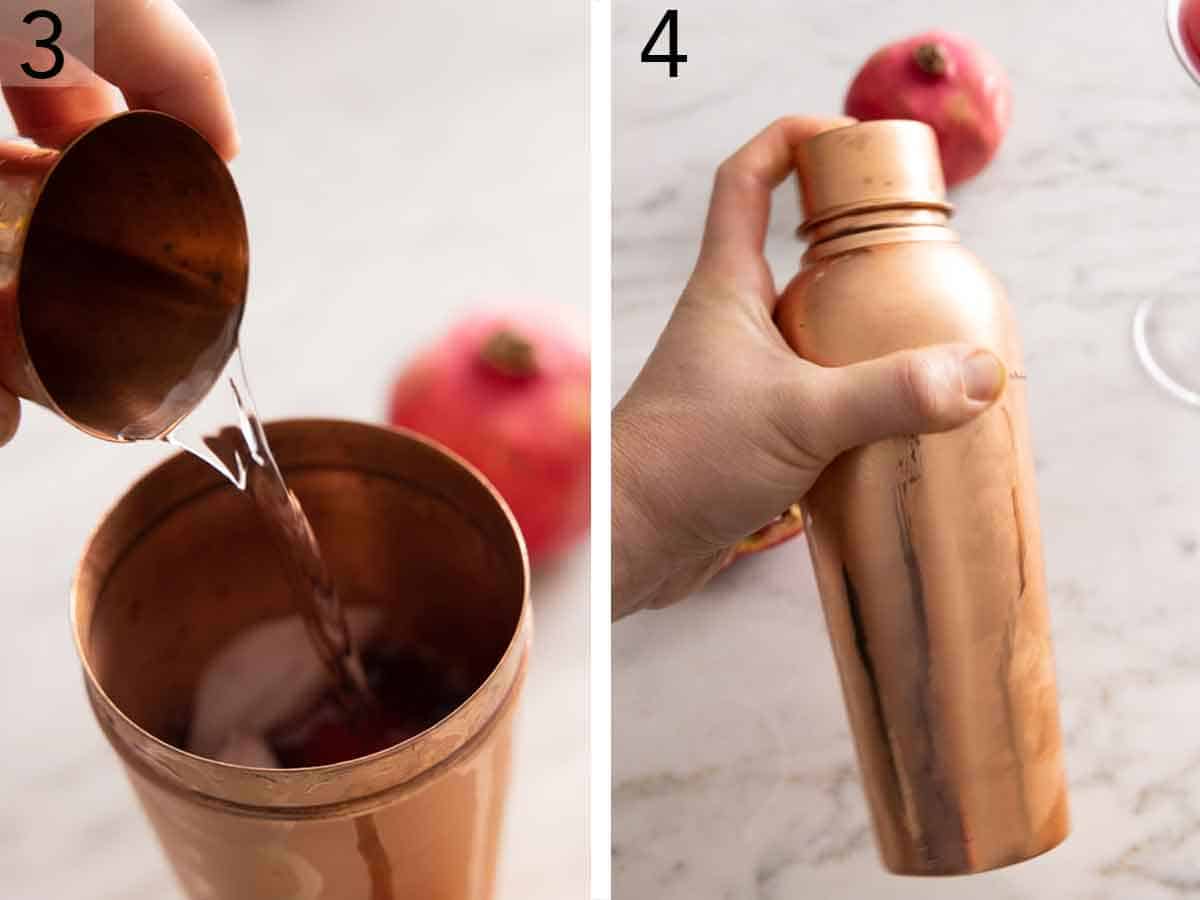 Set of two photos showing alcohol added to a shaker with ice and shook.