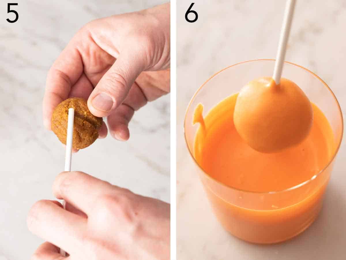Set of two photos showing lollipop sticks indenting the cake pop and dipped into orange melted chocolate.