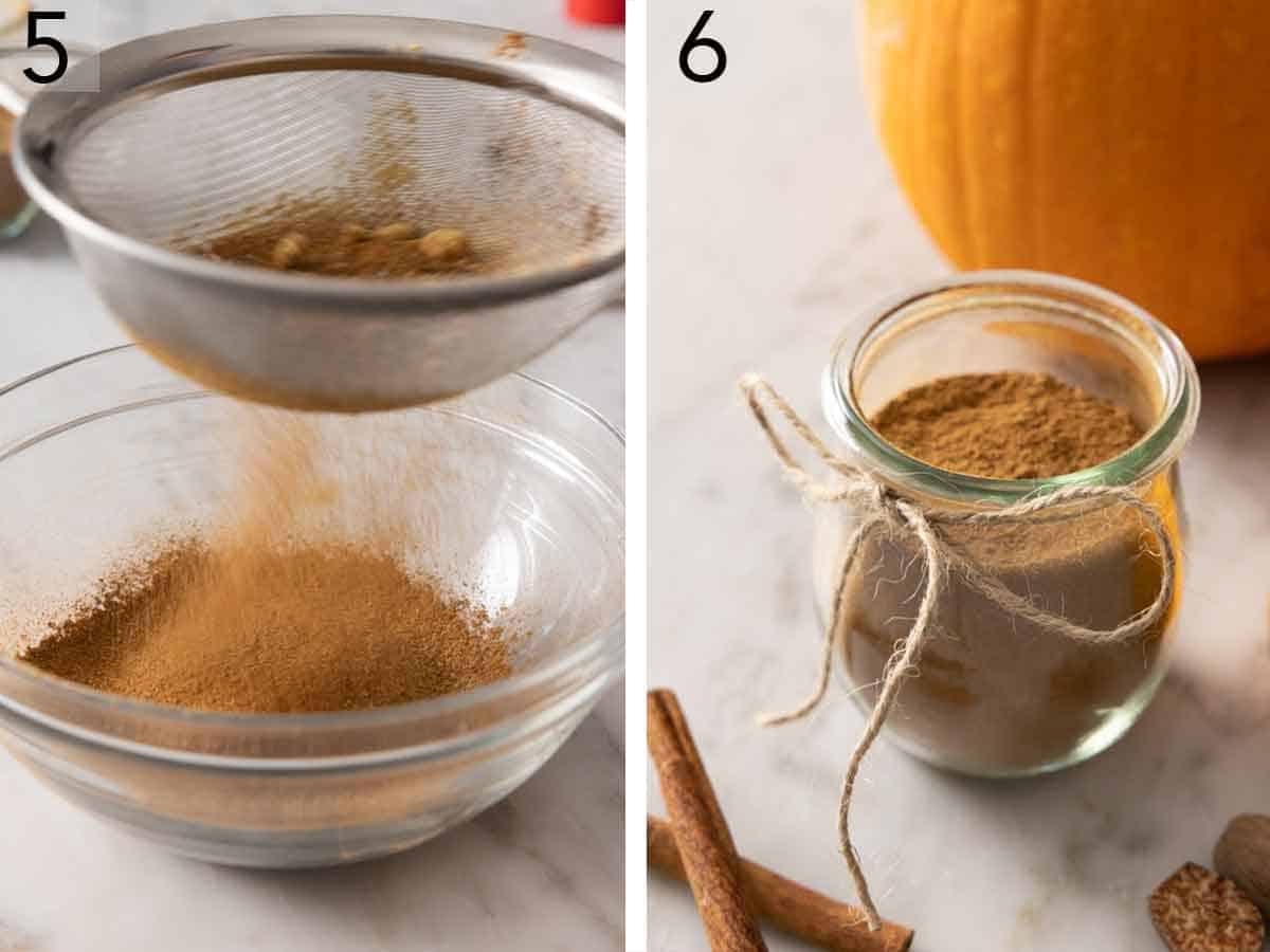 Set of two photos showing the spices going through the sieve and spices transferred to a jar.