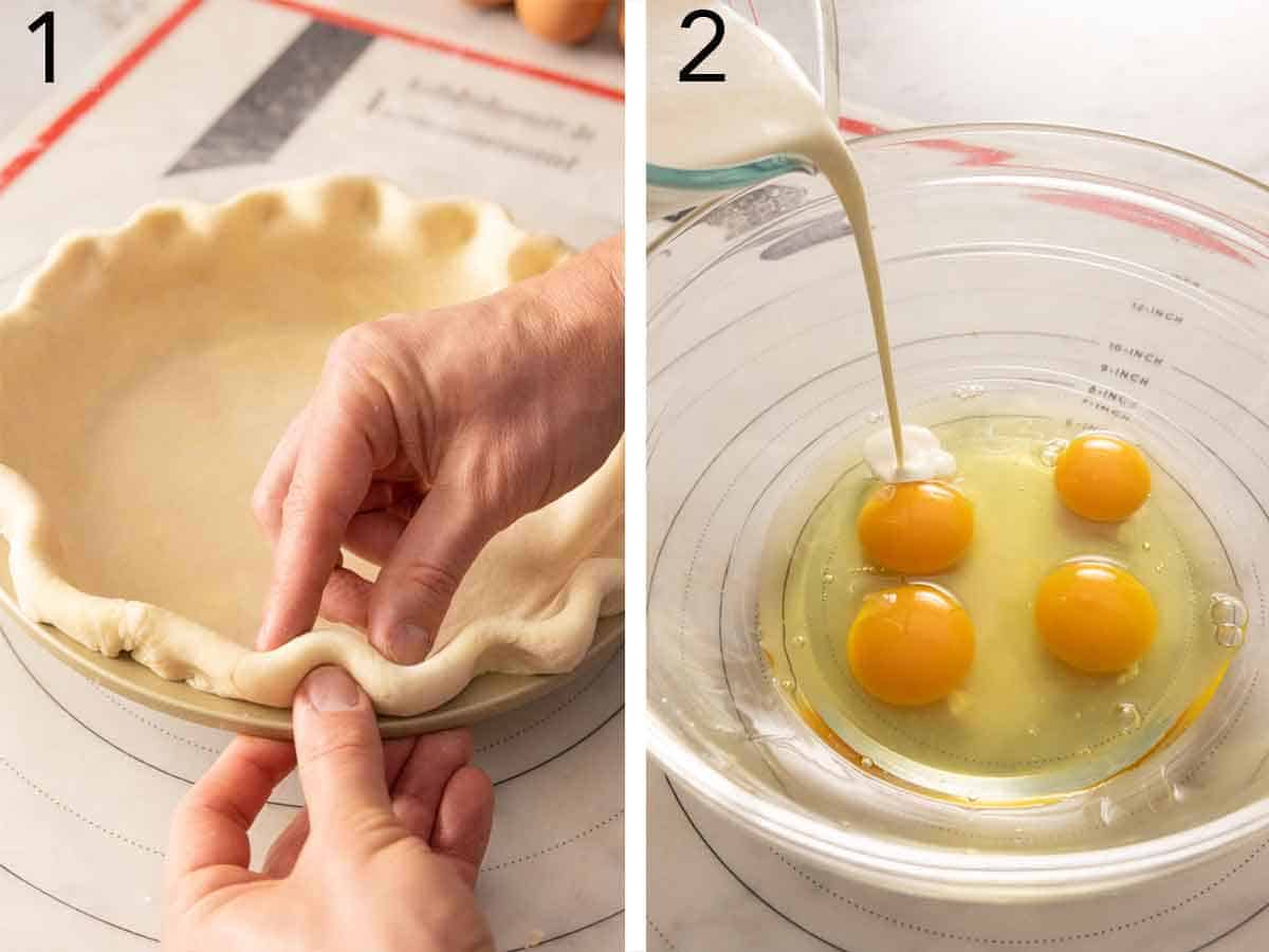 Set of two photos showing pie crust being crimped and cream added to eggs.