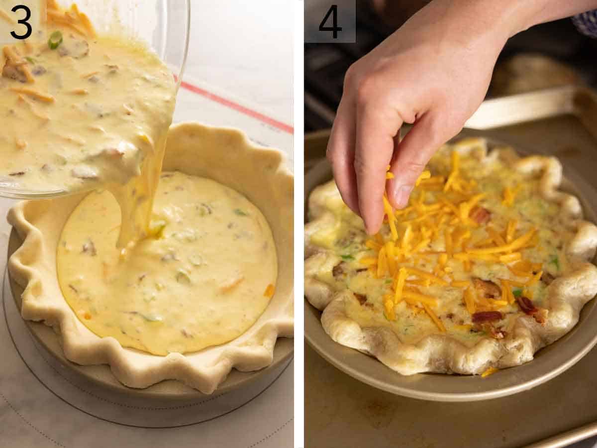 Set of two photos showing egg filling added to a pie crust then topped with cheese.