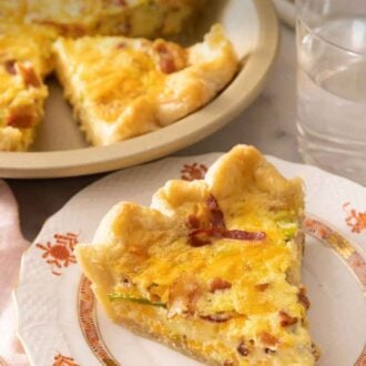 Pinterest graphic of a plate with a slice of quiche in front of a pie dish with the rest.