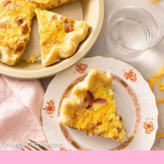 Pinterest graphic of an overhead view of a plate of quiche and a pie dish with slices cut out.
