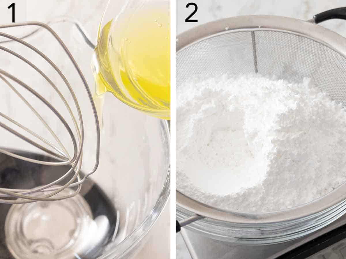 Set of two photos showing egg whites added a mixer and powdered sugar sifted.