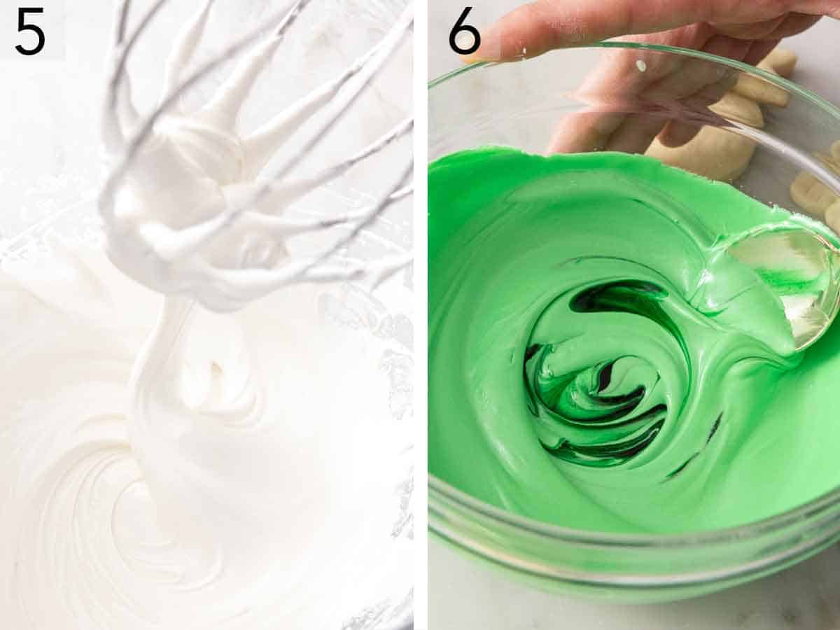 Set of two photos showing the icing in a mixer then dye stirred in.