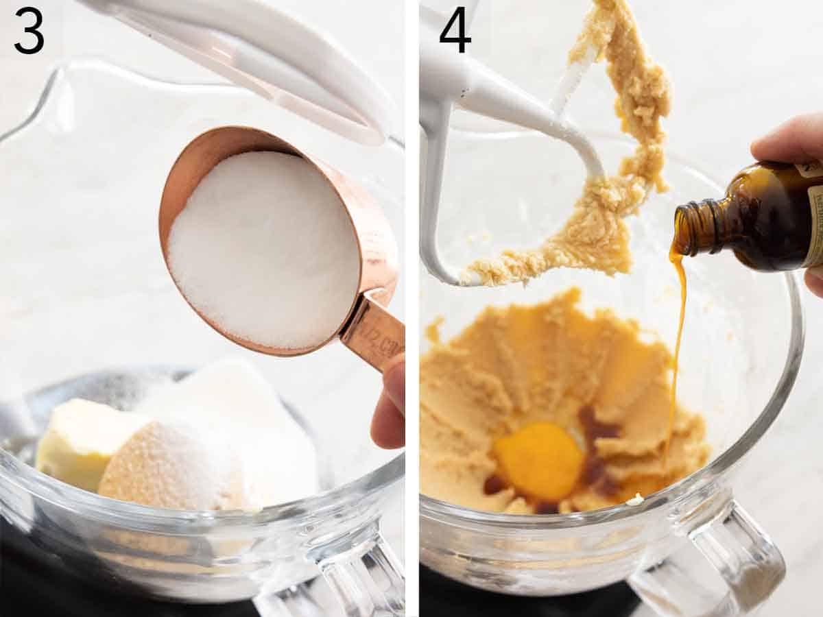 Set of two photos showing sugar added to butter then egg and vanilla added.