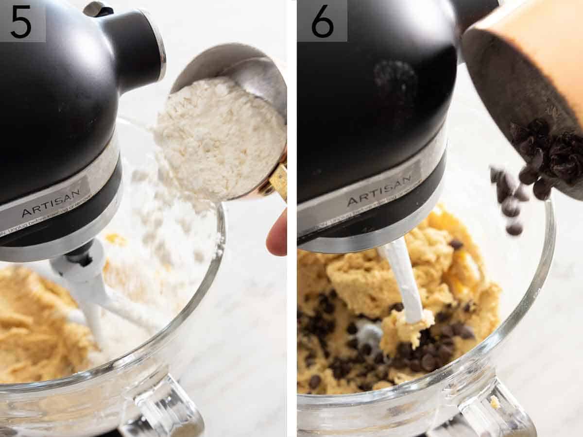Set of two photos showing flour and chocolate chips added to the mixer.