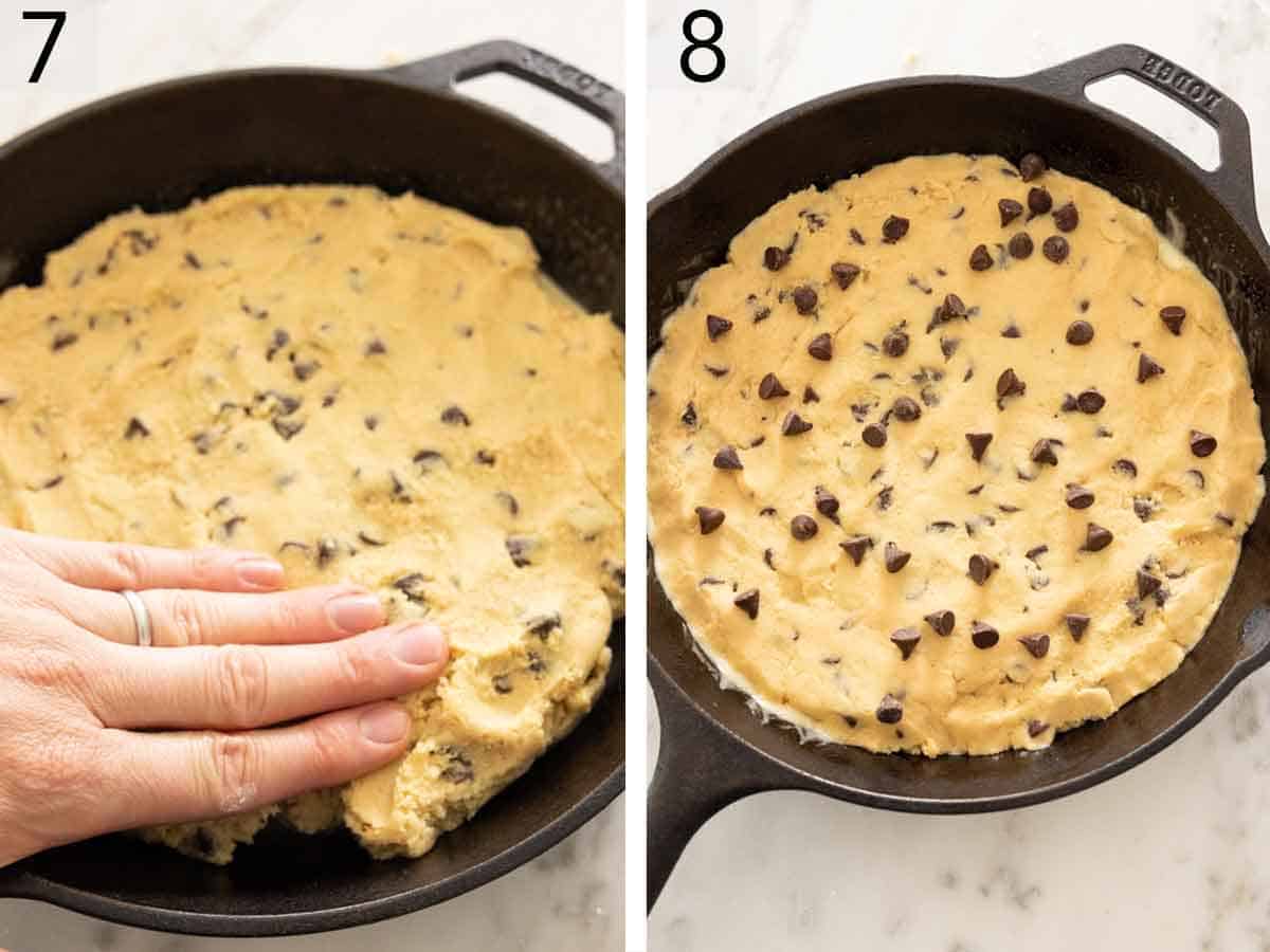 Set of two photos showing cookie dough pressed into a cast iron and topped with more chocolate chips.