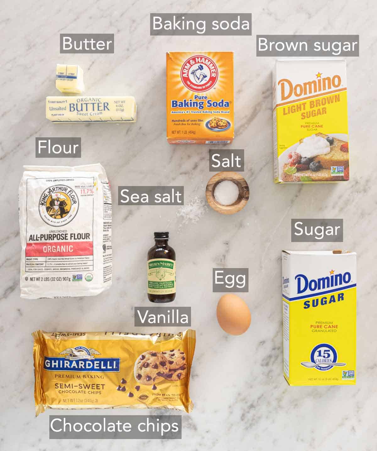 Ingredients needed to make a skillet cookie.
