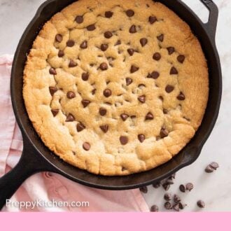 Pinterest graphic of a cast iron with a giant cookie inside.