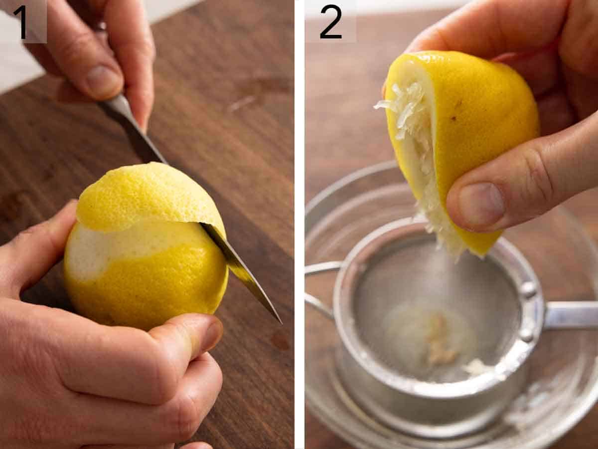 Set of two photos showing lemon peel sliced for garnish and then lemon juiced.