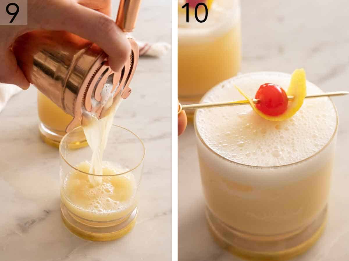 Set of two photos showing the drink strained from the shaker then garnished.