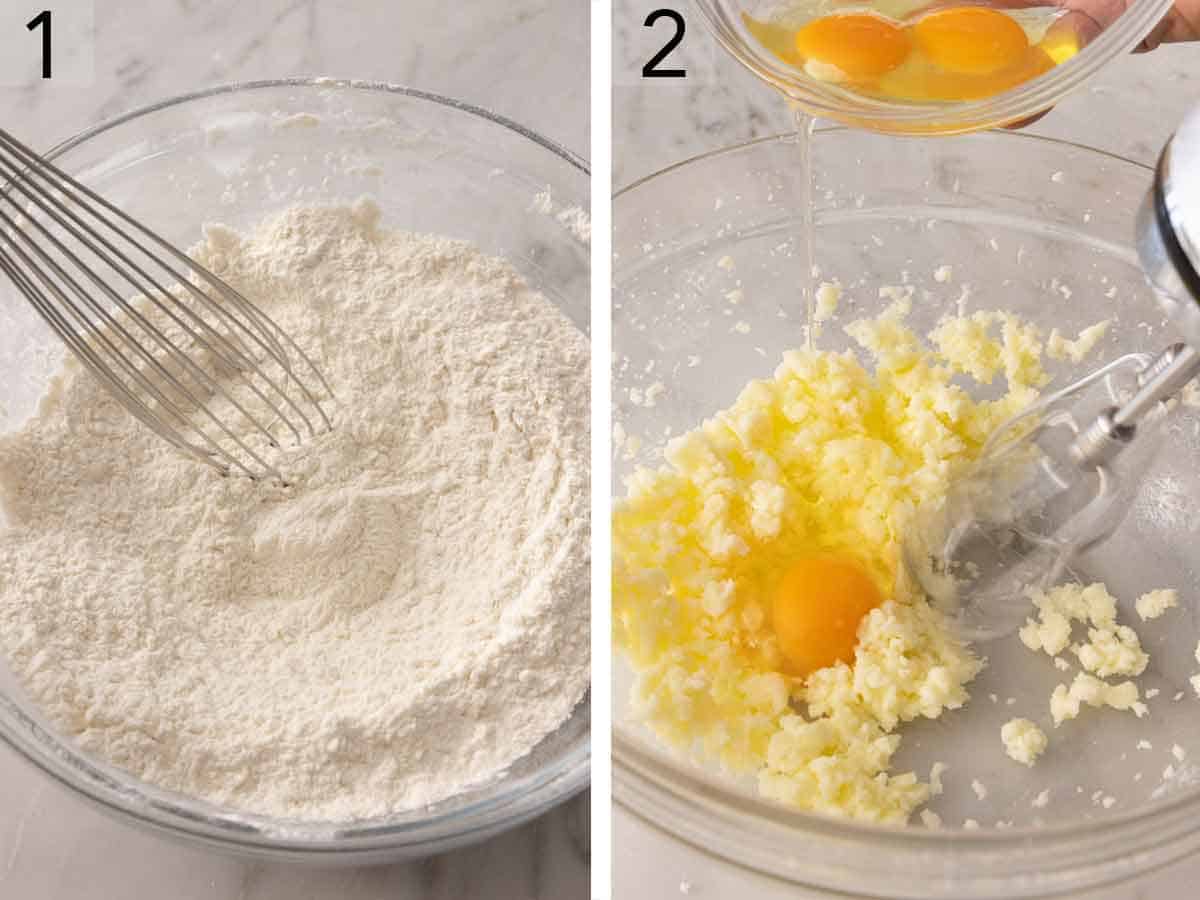 Set of two photos showing dry ingredients whisked and egg being beaten into butter.