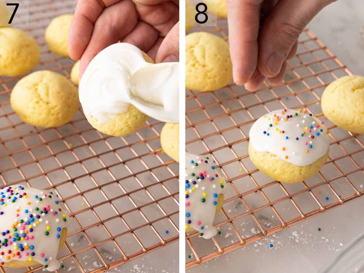 Set of two photos showing cookies glazed and sprinkles added.