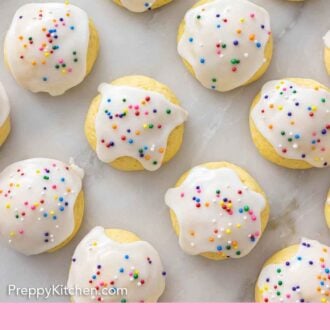 Pinterest graphic of rows of anise cookies with glaze and sprinkles.