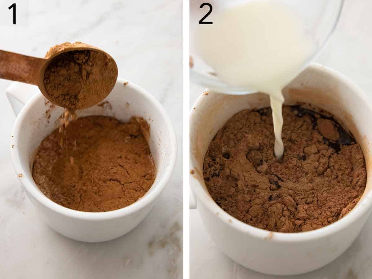 Set of two photos showing dry ingredients added to a mug and then wet ingredients added.