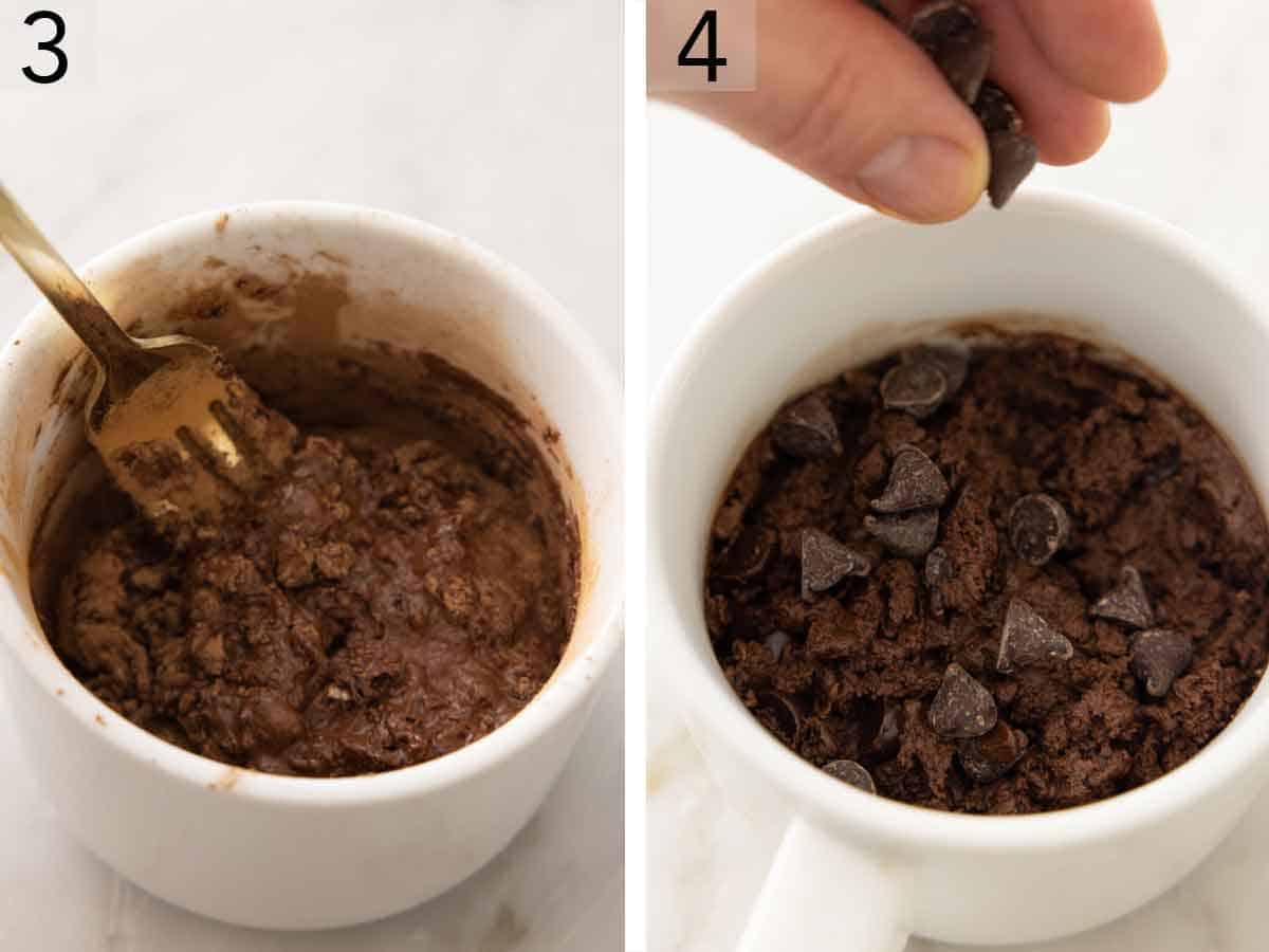 Set of two photos showing batter mixed with a fork and chocolate chips sprinkled on top.