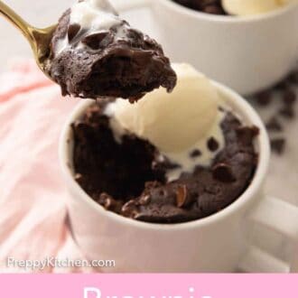 Pinterest graphic of a spoonful of brownie lifted from a mug.