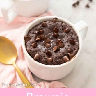 Pinterest graphic of a brownie in a mug with chocolate chips on top.