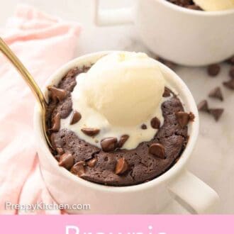 Pinterest graphic of a brownie in a mug with a scoop of ice cream on top.